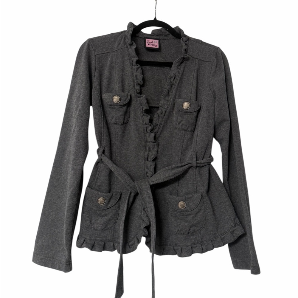 La Kitty Gray Ruffle Front Tie Waist Knit Jacket Blazer